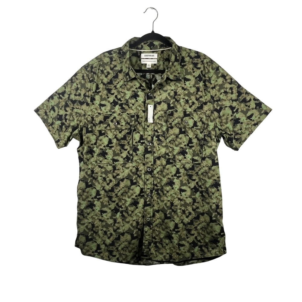 Goodthreads Button Down Shirt Mens Green Camo Abstract Short Sleeve XL
